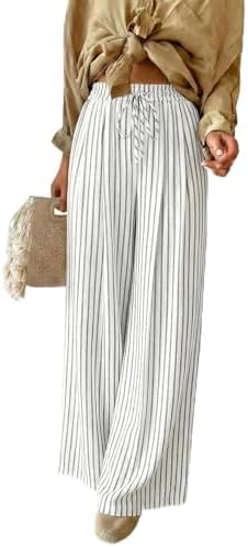 Light Gray Striped Drawstring High Waist Wide Leg Pants