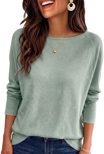 Mint Green Waffle Knit Top Long Sleeve Casual Soft Shirt