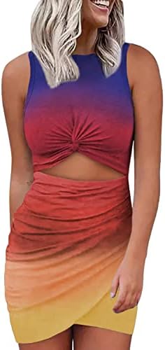 Multicolor Sexy Sleeveless Tie Dye Hollow Out Twist Front Bodycon