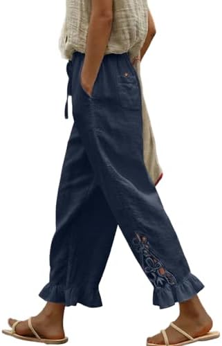 Navy Blue Casual Linen Pants Lightweight Drawstring Elastic Waist