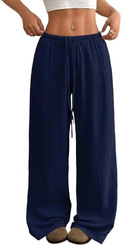 Navy Blue Linen Pants Wide Leg Beach Trousers