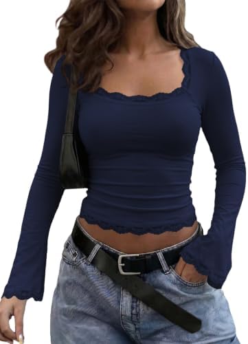 Navy Blue Long Sleeve Lace Trim Squared Neck Tops
