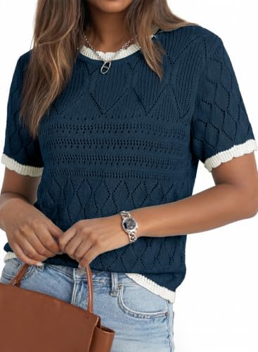 Navy Blue Short Sleeve Sweaters Crochet Tops