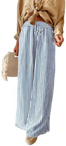Navy Blue Striped Drawstring High Waist Wide Leg Pants
