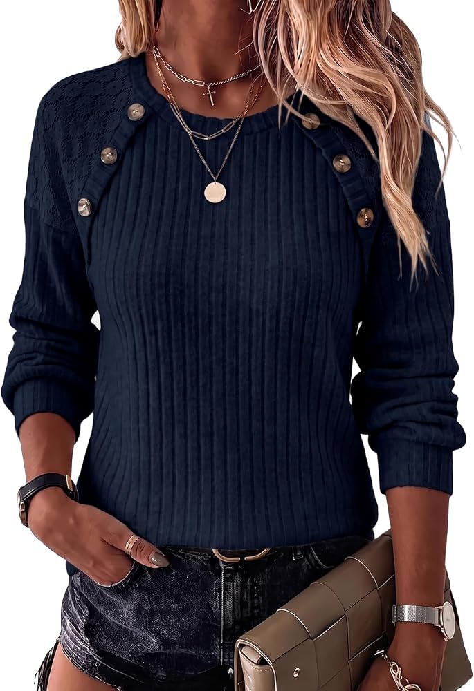 Navy Blue Sweaters Long Sleeve Shirts Fall Tops
