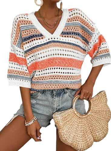 Orange Crochet Tops for Summer Short Sleeve Sweater