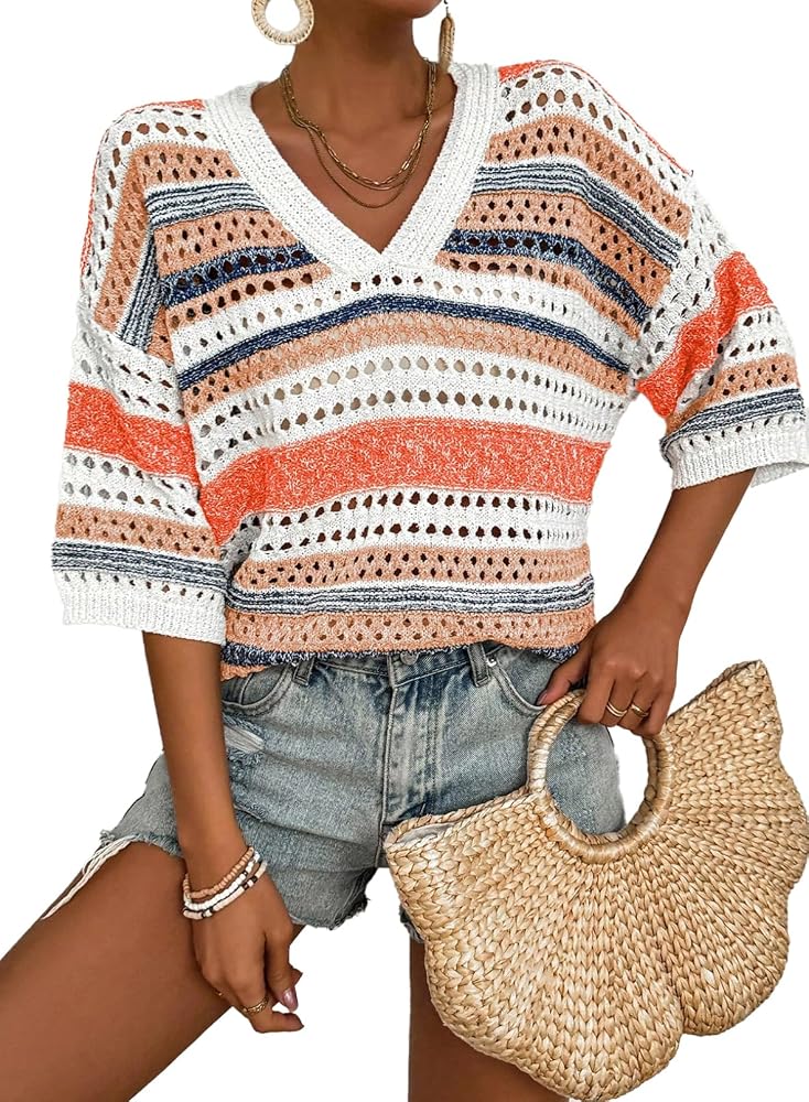 Orange Crochet Tops for Summer Short Sleeve Sweater