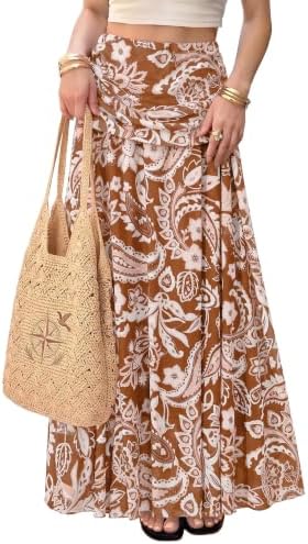 Orange Flowy Bohemian Maxi Skirt Mesh Paisley Print Summer