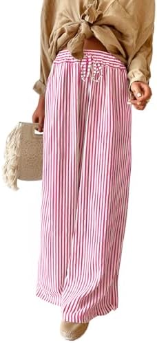 Pink Casual Striped Drawstring High Waist Wide Leg Pants