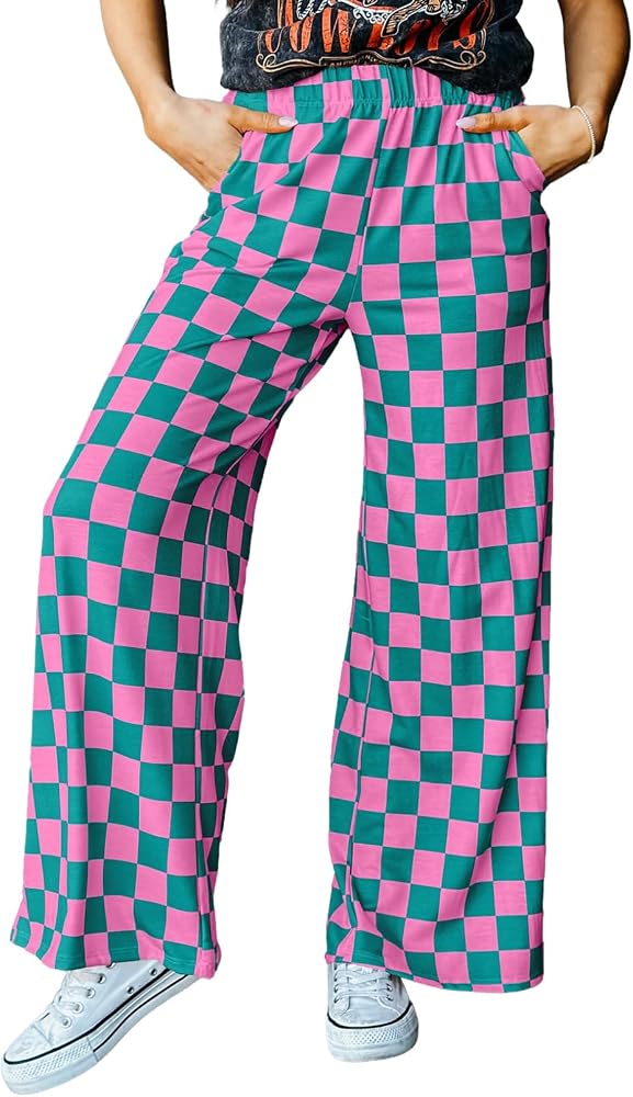 Pink Checkered Pants, Large | Wide Leg, Elastic Waist, Relaxed