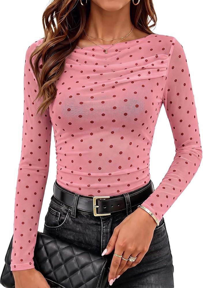 Pink Polka Dot Mesh Tops Fall Fashion 2026 Long Sleeve Boat Neck