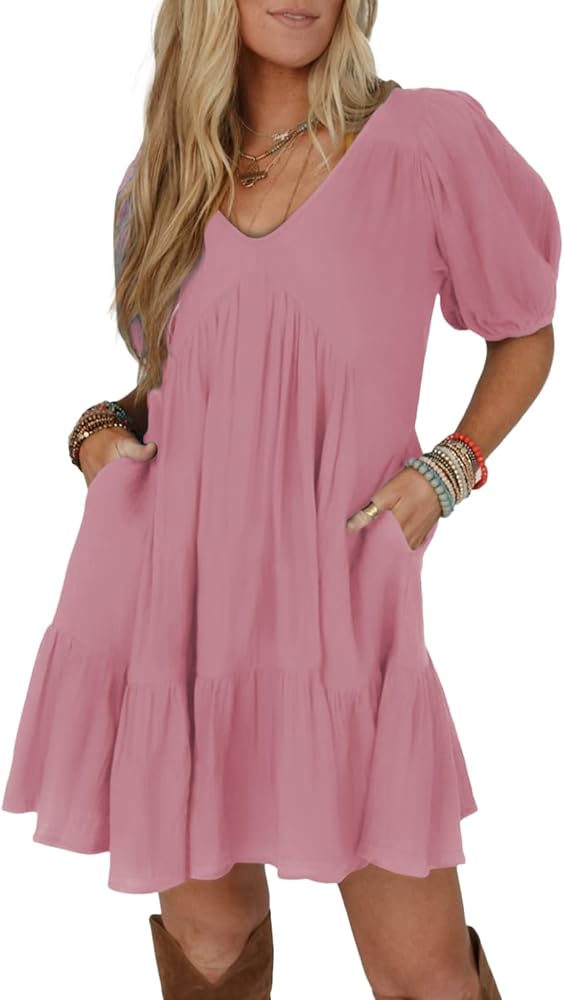 Pink Short Sleeve Babydoll Mini Dress