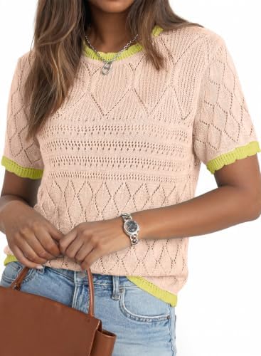 Pink Short Sleeve Sweaters Crochet Tops