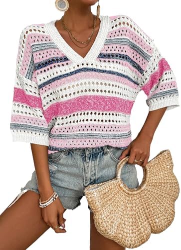 Pink Stripe Boho Striped Crochet Knit Top V Neck 3/4 Sleeve