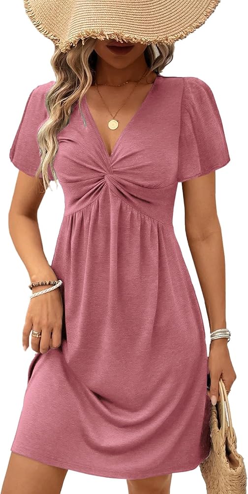 Pink Twist Front V Neck Short Sleeve Mini Dress High Waist L |