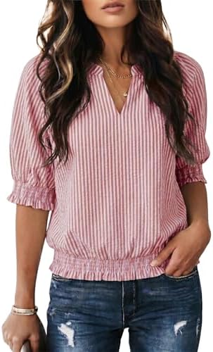 Pink Vertical Striped Short Puff Sleeve Blouse Fashion 2026