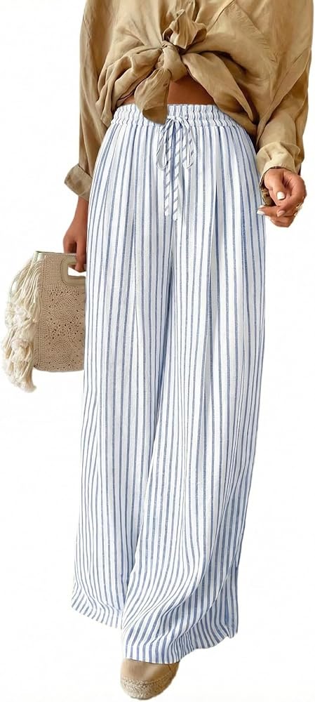 Purple Casual Striped Drawstring High Waist Wide Leg Pants