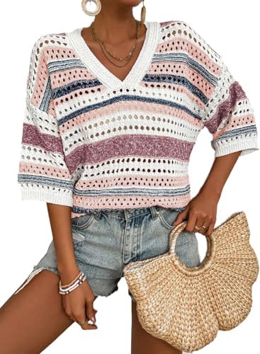 Purple Crochet Tops for Summer Short Sleeve Sweater