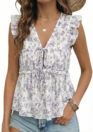 Purple Fashion Casual 2026 Summer V Neck Ruffle Cap Sleeve