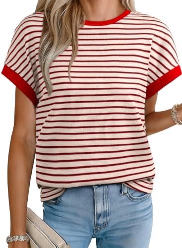 Red and White Striped Shirt Summer Short Sleeve Tops