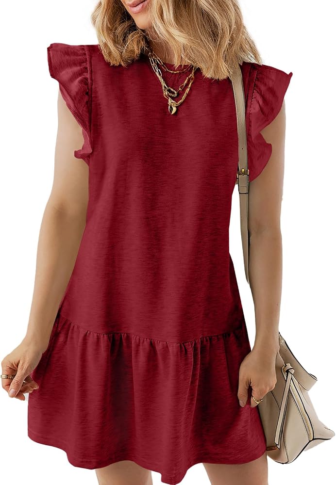 Red Casual Cute 2025 Summer Ruffle Sleeve Crewneck Babydoll Mini