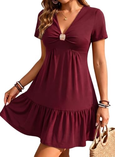 Red Casual Fashion 2026 Summer V Neck Short Sleeve Mini Babydoll