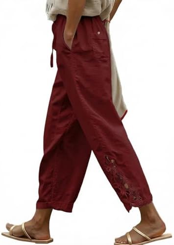 Red Casual Linen Pants Summer Lightweight Drawstring Elastic