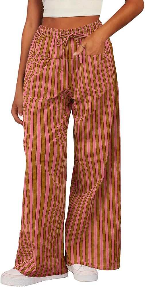 Red Casual Striped Color Block Pants Drawstring Elastic Waist