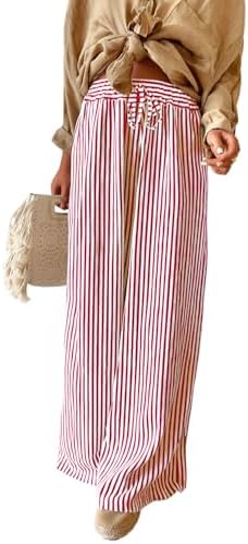 Red Casual Striped Drawstring High Waist Wide Leg Pants