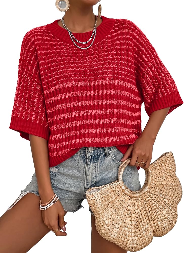 Red Fashion 2026 Spring Loose Striped Knit Sweater Tops 3/4