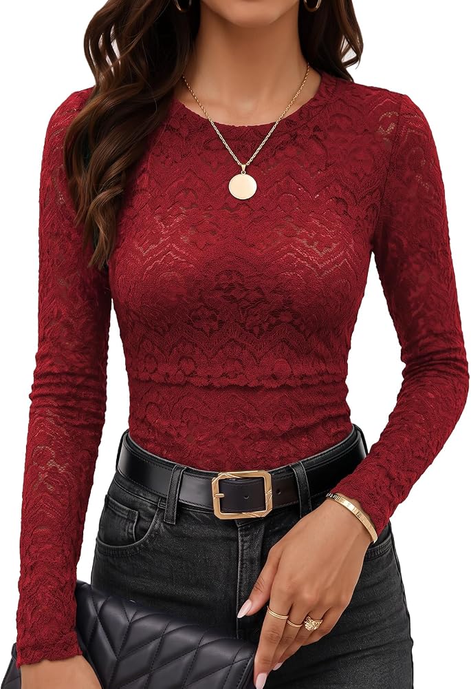 Red Floral Lace Tops Fall Long Sleeve Crewneck Sheer Mesh Blouse