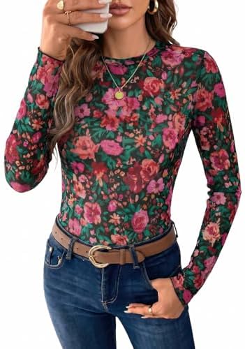 Red Floral Mesh Tops for Sheer Long Sleeve Shirts