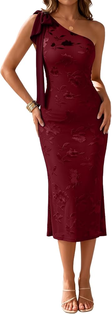 Red Floral One Shoulder Bodycon Mesh Midi Dress XL | Flocked