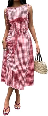 Red Gingham Dress Flowy Maxi Beach Sun Dresses