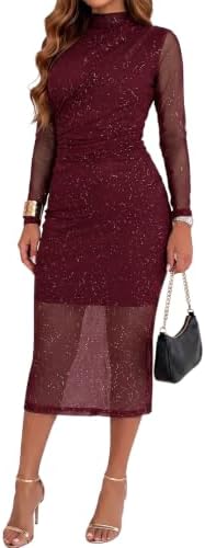 Red Glitter Ruched Bodycon Midi Dresses 2026 Fashion Sparkly