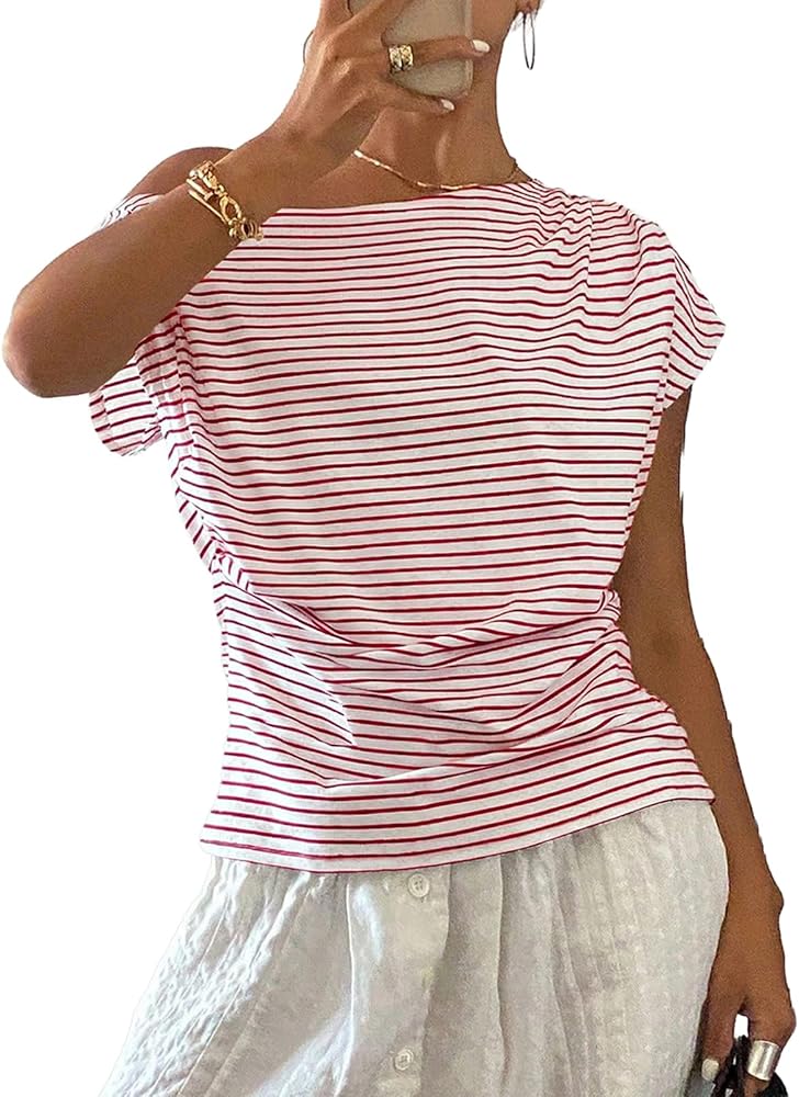 Red Summer Striped Off the Shoulder Tops
