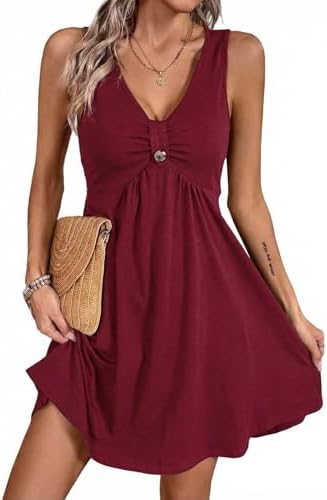 Red V Neck Sleeveless Ruffle Sundress High Waist Dress