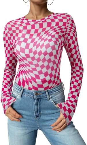 Rose Fashion 2025 Summer Crewneck Mesh Tops Checkered Print Long