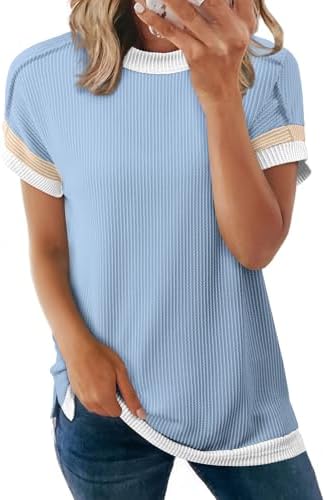 Sky Blue Casual Fashion 2025 Summer Tops Short Sleeve Crewneck