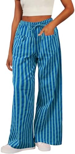Sky Blue Casual Striped Color Block Pants Drawstring Elastic