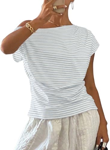 Sky Blue Summer Striped Off the Shoulder Tops