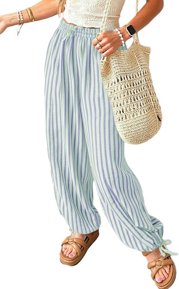 Sky Blue Trendy Wide Leg Striped Pants 2026 Fall Fashion