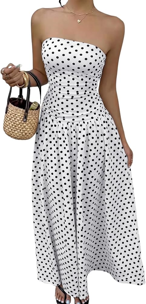 White and Black Polka Dot Strapless Maxi Tube Dress, Large |