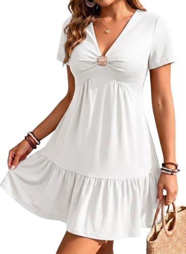 White Casual 2026 Summer V Neck Short Sleeve Mini Babydoll Dress