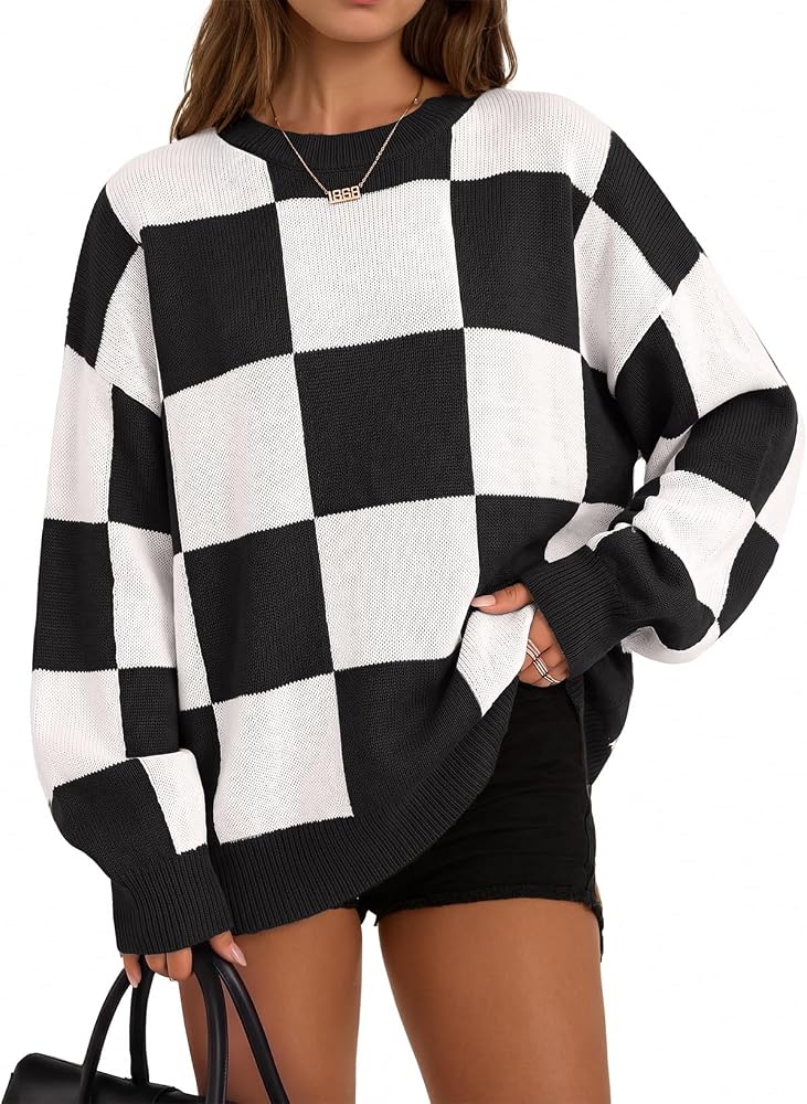 White Casual Fashion Spring 2026 Loose Checkered Sweaters Long