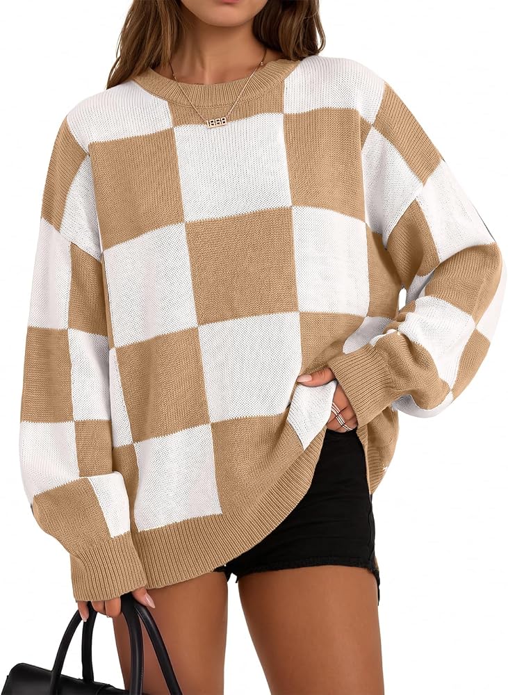 White Casual Fashion Winter 2026 Loose Checkered Sweaters Long