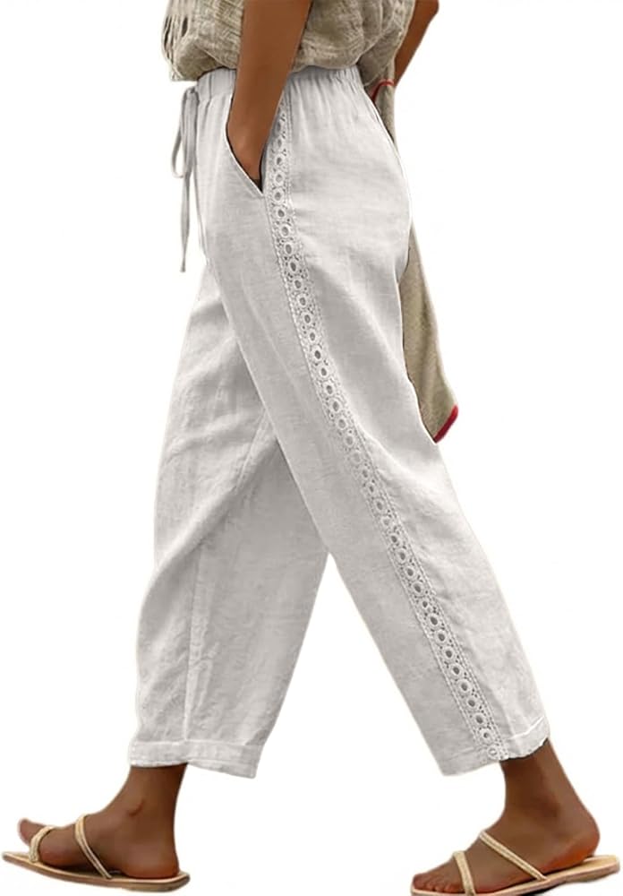 White Casual Linen Pants Lightweight Drawstring Elastic Waist