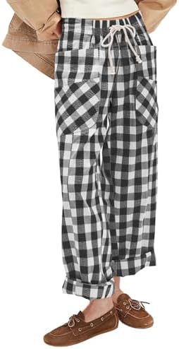 White Casual Plaid Pants Summer Fashion 2026 Loose Drawstring