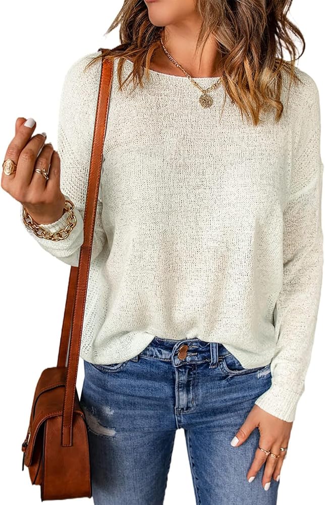 White Casual Spring Long Sleeve Crewneck Lightweight Loose