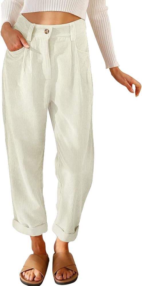 White Corduroy Pants Trousers High Waisted Fashion 2025 Casual